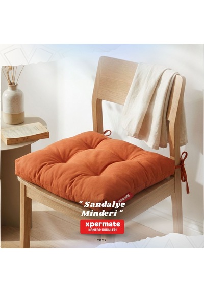 Pofuduk Sandalye Minderi Bağcıklı 40x40 Cm Yıkanabilir Dekoratif Mutfak Bahçe Piknik Minderi Turuncu