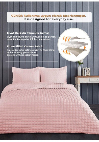 Evlen Home Joy Pamuklu Yatak Örtüsü Seti Çift Kişilik 3 Parça Elyaf Dolgulu Yumuşak Günlük Yıkanabilir Pudra