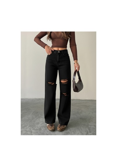 Blue Marlın Çift Diz Lazer Yırtık Boyfriend Bol Paça Jeans Siyah