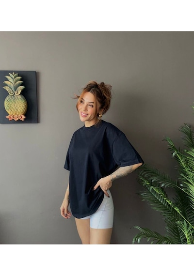 Kadın Oversize Basic Tişört Salaş Kesim Pamuklu Günlük T-shirt SIYAH