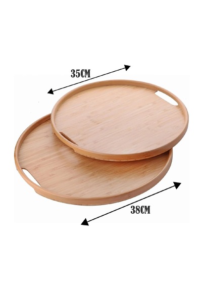 2'li Bambu Tepsi Seti, İnce Tasarım Özel Üretim Yuvarlak 2'li Bambu Tepsi Seti 35x35 & 38x38 Açık Bej