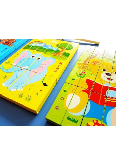 3'Lü Hayvan Figürlü Ahşap Jenga Puzzle Oyunu-Ahşap Domino Jenga