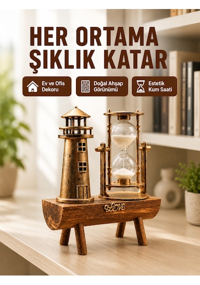 Ahşap Kum Saati Ve Deniz Feneri Figürü Bir Arada Ev Ofis Dekorasyonu Yeni Nesil Çokrenkli 32823218