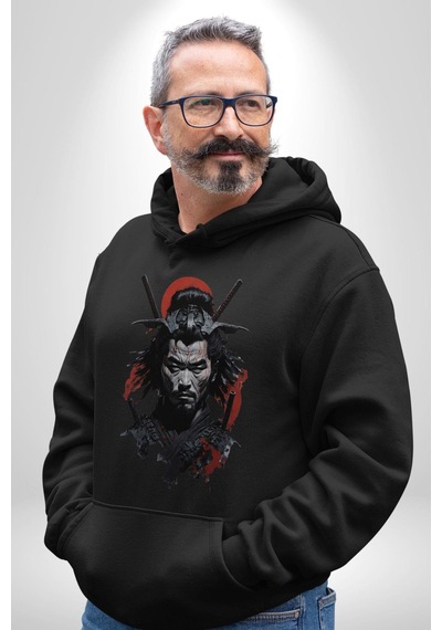 Asyalı Japon Samuray Savaşcı Kadın Erkek Siyah Kapüşonlu Sweatshirt Hoodie Siyah