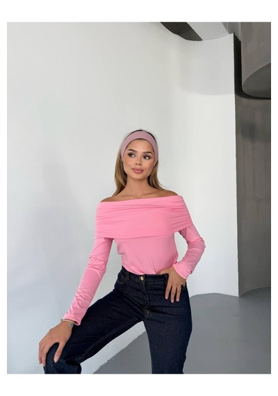 Kechi Woman Dalgıç Kumaş Madonna Yaka Pembe Bluz