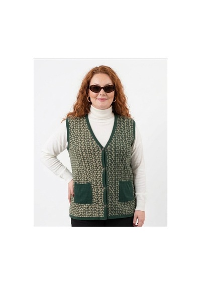 Onno Style Women Büyük Beden Çelik Örgü Klasik Leopar Desen Triko Kadın Yelek Yeşil