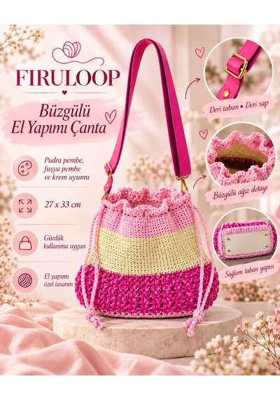 Firuloop Deri Tabanlı, Deri Saplı Pudra Pembe Fuşya Krem El Yapımı Büzgülü Çanta