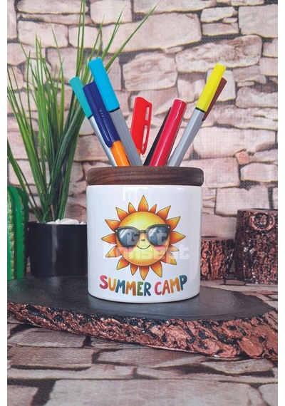Summer Coastal Trendy Summer Baskılı Seramik Kalemlik Masaüstü Düzenleyici Beyaz