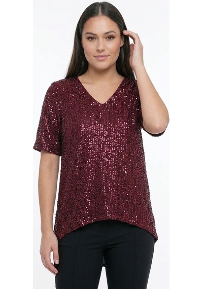 By Saygı Kadın V Yaka Kısa Kollu Pulpayet Büyük Beden Bluz Bordo