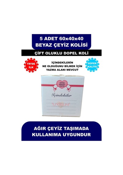5 Adet 60x40x40 Kurdale Baskılı Beyaz Çeyiz Kolisi, İsim Yazma Alanı Renkli Baskı, Çift Oluklu