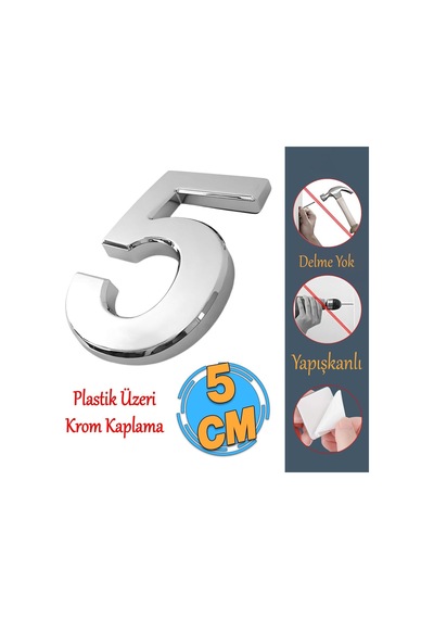 Yapışkanlı Kapı Numarası Küçük Boy 50 Mm 5 Cm Numara 5 Rakam Beş Sayısı Krom Renk Numaralar 1 Adet Diğer