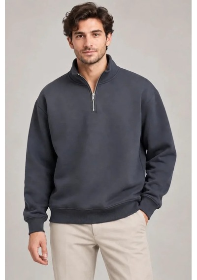 Suma Erkek Füme Dik Yaka Yarım Fermuarlı Şardonlu Kışlık Sweatshirt