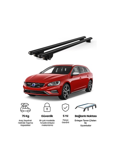 Kanca Volvo V60 Sw 2010-2018 Uyumlu Siyah Kilitli Ara Atkı 120cm Port Bagaj Tavan Barı