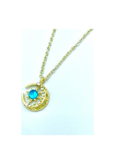 Lunarie Mavi Taşlı Güneş Ve Ay Kolye 14k Gold Kararmaz Çelik Altın