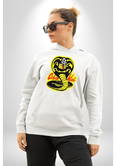 Cobra Kai Karete Çocuk Yılan Logo Dizi Kadın Erkek Beyaz Kapüşonlu Sweatshirt Hoodie Beyaz