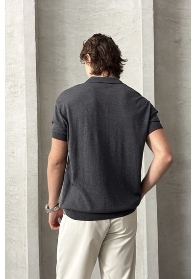 Erkek Oversize Pamuklu Polo Yaka Triko T-shirt Antrasit