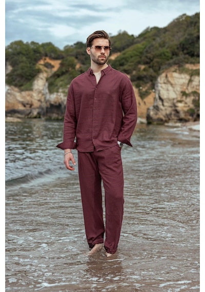 Madmext Bordo Rahat Kesim Keten Erkek Gömlek Pantolon Takım E7362