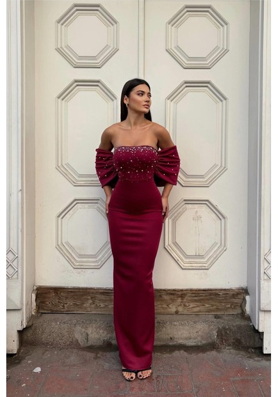 Lior Design Kadın İnce İşçilik Esnek Tül Kumaş Straplez Abiye Elbise Bordo