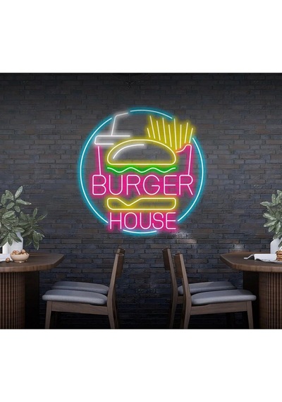 Burger House Yazılı Ve Şekilli Neon Tabela Pembe
