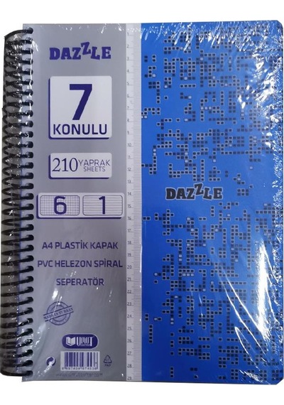 6+1 Ayraçlı Defter 7 Konulu 210 Yaprak 1 Adet 6 Kareli 1 Çizgili Spralli Plastik Kapak Seperatörlü Mavi
