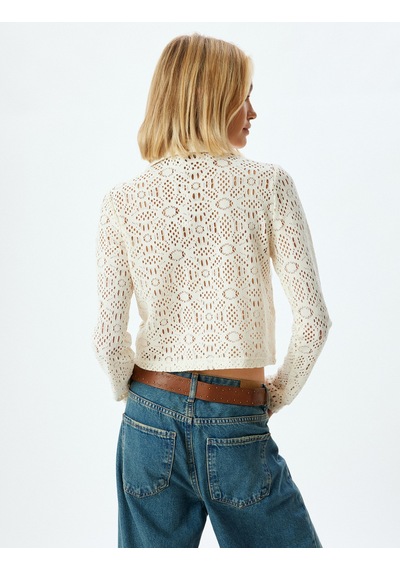 Koton Crop Kroşe Gömlek Ajurlu Uzun Kollu Slim Fit Ekru 5wak60015ek