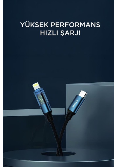 Torima U22 Type-c To Lightning 27 W Led Ekranlı Dayanıklı Örgü Hızlı Şarj Kablosu Siyah
