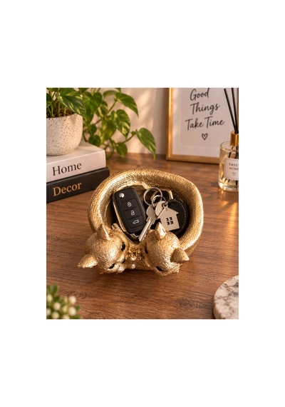 Dekoratif Sevimli Kedi Figürlü Çok Amaçlı Organizer Takı, Toka Ve Anahtarlık Kabı 15x13 Cm Altın