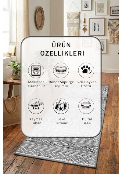 Ehl-176 Dijital Baskılı Kaymaz Yıkanabilir Yolluk Gri