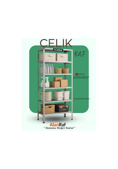 6 Katlı Galvaniz Çelik Raf 31x93x200 Cm Hırdavat, Market, Ofis, Banyo, Depo, Mutfak, Raf Sistemleri