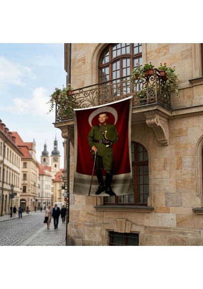 Elinde Bastonu İle Üniformalı Mustafa Kemal Atatürk Poster Bayrak Premium Raşel Kumaş Ata62 Diğer