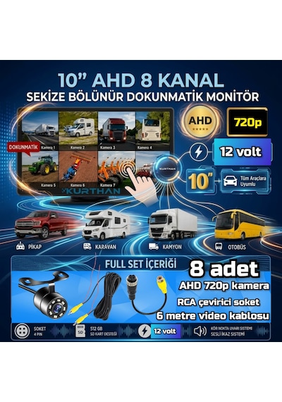8 Adet Beyaz Ledli Ahd 720p Kelebek Kamera 10 İnç 8 Ch Dokunmatik Ekran 512 Gb Dvr Adas Bsd 12 Volt