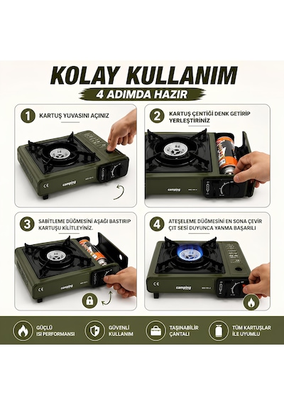 Portatif Kamp Ocağı Kartuşlu Tekli Ocak Piknik Kamp Ve Karavan İçin Taşınabilir Yeşil