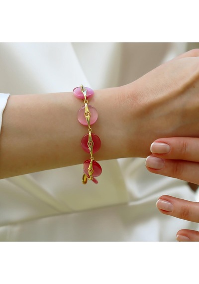 Pembe Kuvars Taşlı Gold Gümüş Bileklik Gümüş
