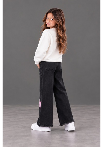 Kokoş Bebe Kız Çocuk Pembe Kelebek İşlemeli Sweatshirt Ve Bol Paça Kot Pantolon 2 Li Takım - 5/12 Yaş - 31969 Siyah