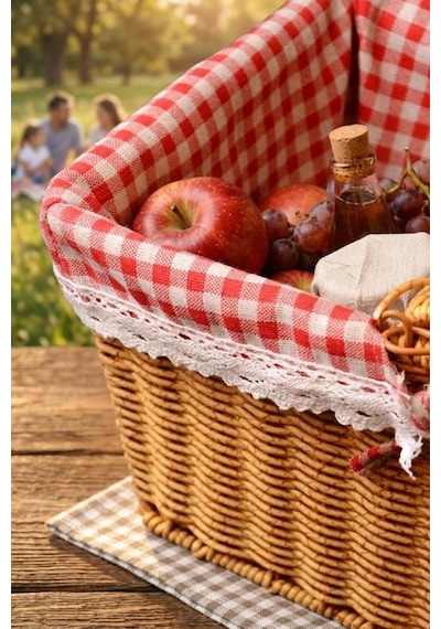 Atbyhome Hasır Piknik Sepeti Dikdörtgen Kapaklı Ve Bezli Rattan Sepet Organizer 39x27x18 Kahverengi