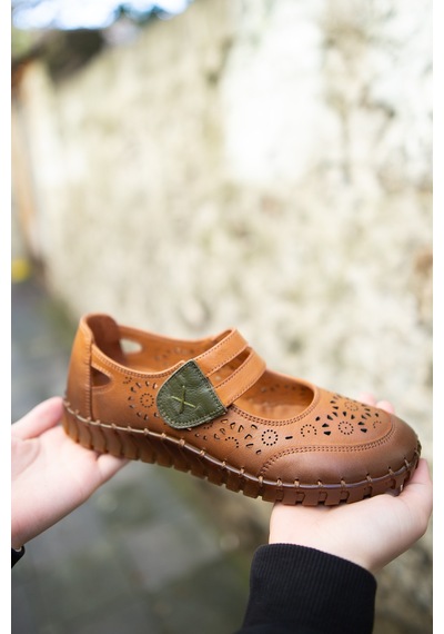 Venüs 2010728 Eren Shoes&bag Hakiki Deri Çift Bantlı Cırtlı Saraç Taba