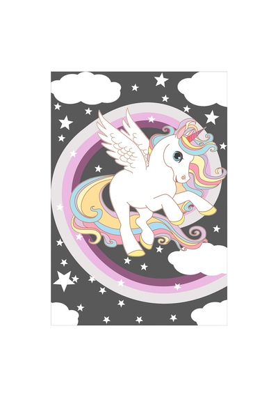 Dijital Baskılı Gri Unicorn Desenli Dekoratif Yıkanabilir Kaymaz Taban Çocuk Halısı Çok Renkli