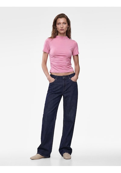 Koton Modal Kumaş Slim Fit Drapeli Kısa Kollu Geniş Dik Yaka Bluz Pembe 7wak70002ek Gül