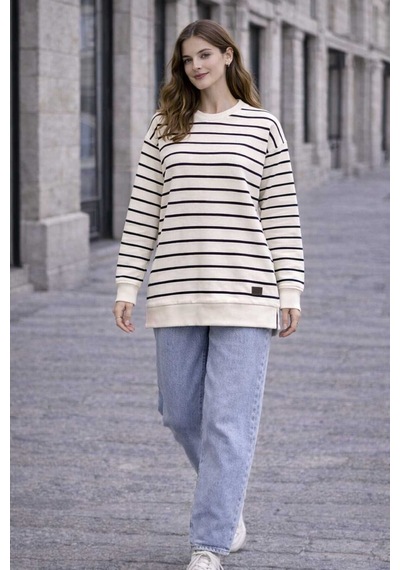 Tenra Oversize Geniş Kalıp Kadın Sweatshirt Bisiklet Yaka Basic Çizgili Lacivert