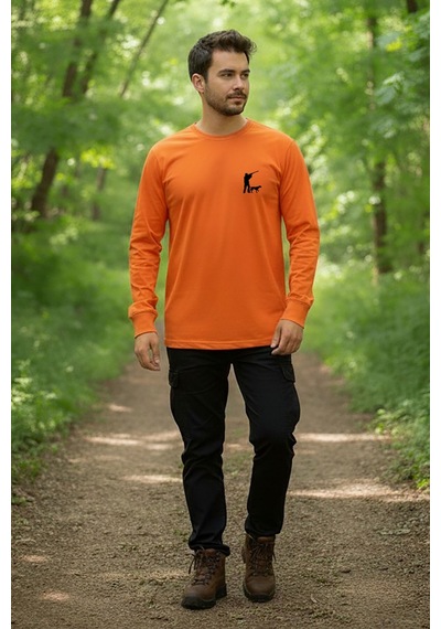 Avcılık Hunter Avcı Ve Av Köpeği Tasarım Baskılı Turuncu Bisiklet Yaka Uzun Kollu T-shirt Turuncu