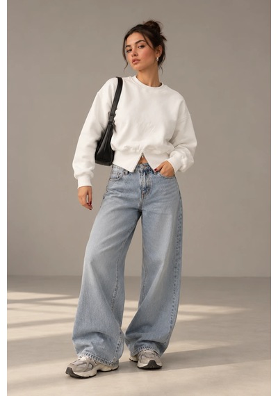 Bbbutikbasic Fermuar Detaylı Şardonlu 3 İplik Kadın Sweatshirt My3535 beyaz