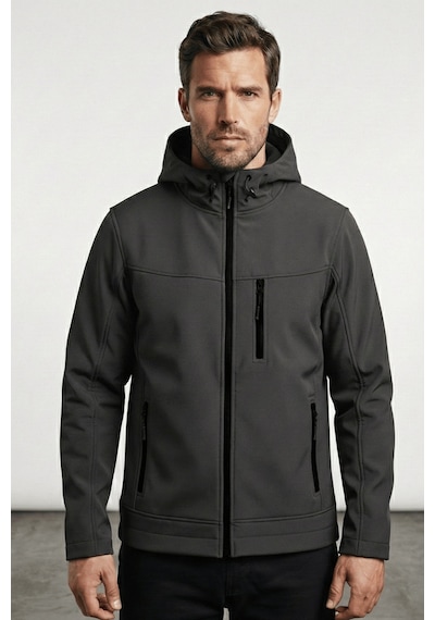 Erkek Mont İçi Polarlı Softshell Mont Su Ve Rüzgar Geçirmez Kapüşonlu Spor Mont Füme