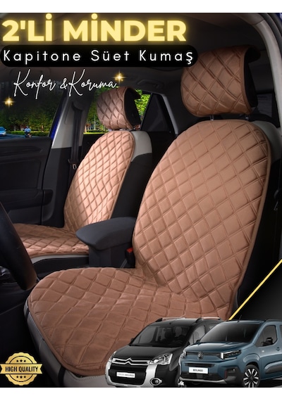 Citroen Berlingo Uyumlu 2'li Süet Oto Koltuk Minderi Tam Koruma Hızlı Montaj Su Geçirmez A1 Kahverengi