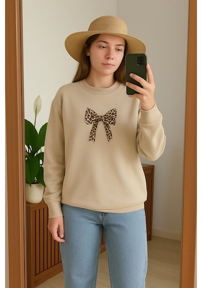 Benroma 3 İplik Penye Kurdela Baskılı Unisex Sweatshırt Bej