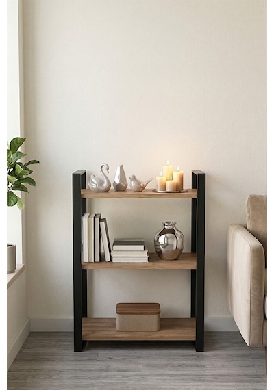 85 Cm 3 Katlı Endüstriyel Kitaplık, Konsol, Çiçeklik, Çok Amaçlı Raf 2810 Atlantik Çam - Siyah