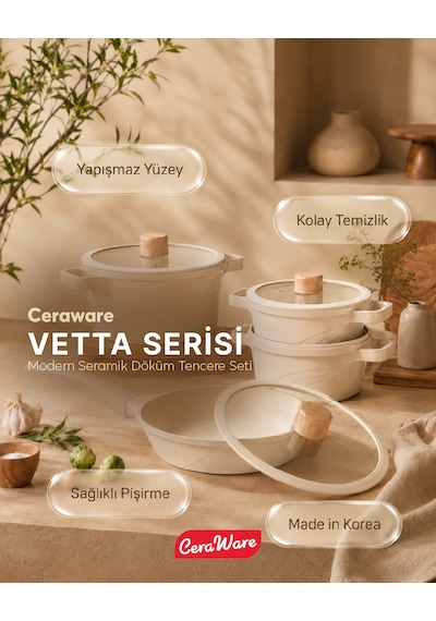 Ceraware Vetta 10 Parça Seramik Yapışmaz Tencere Tava Seti Bej