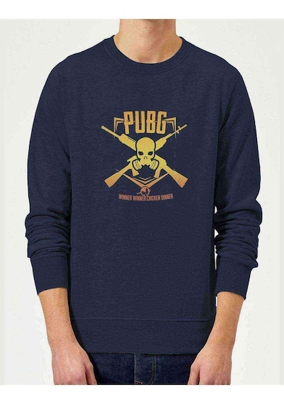 Pubg Kurukafa Sarı Baskılı Indigo Mavi Erkek Örme Sweatshirt