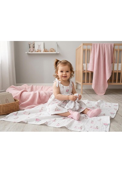 % 100 Pamuk Müslin Bebek Örtüsü - Bébé Lapin Rose 70x70 Cm Throw7019
