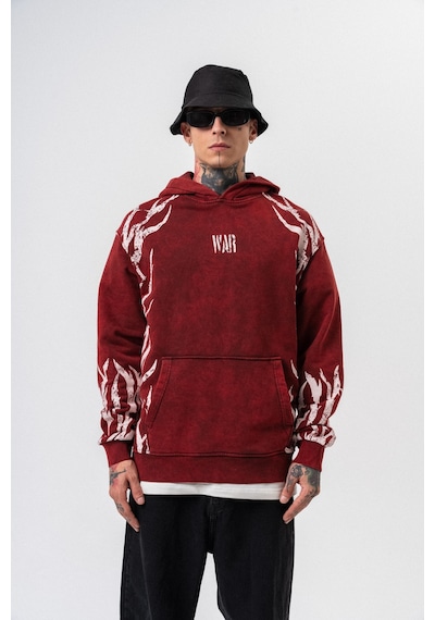 Respire Erkek War Baskılı Yıkamalı Kapüşonlu Oversize Hoodie Bordo