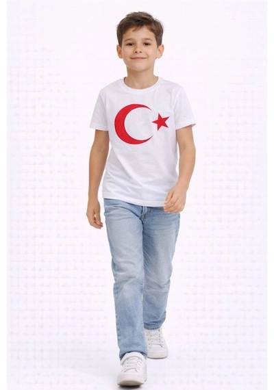 Erkek Çocuk Tişört Bisiklet Yaka Ay Yıldız Bayrak Baskılı T-shirt - Beyaz Çok Renkli